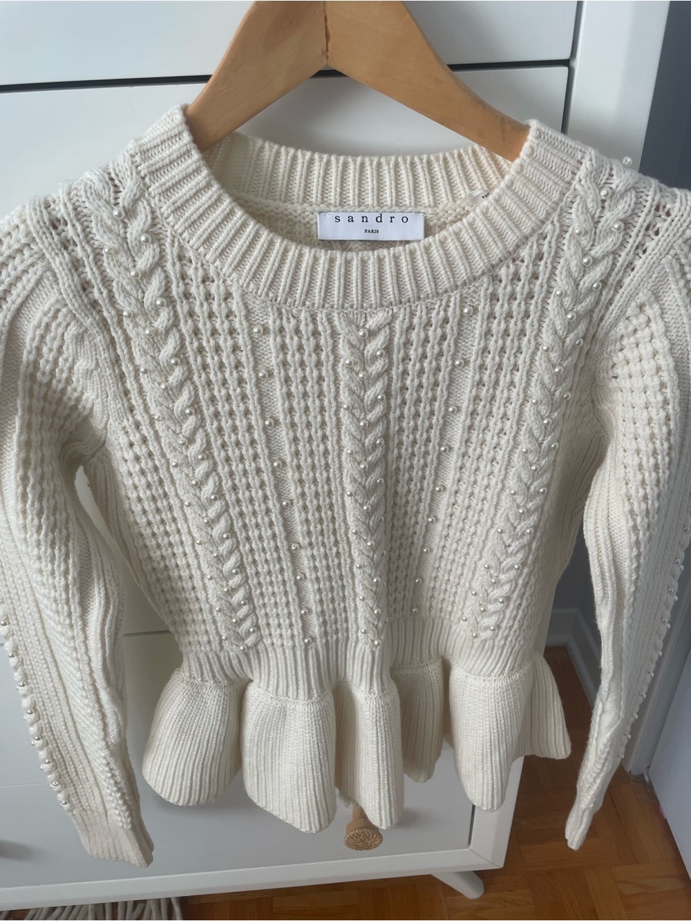 SANDRO Cream Wool Blend Round Neck Pearl Cable Knit Jumper Sweater
